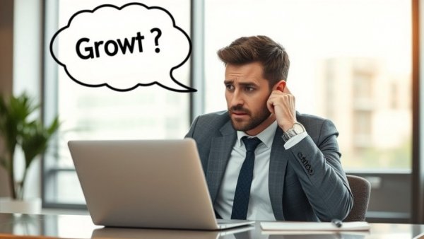 Frustrated businessman considering scaling a business with laptop and growth chart.