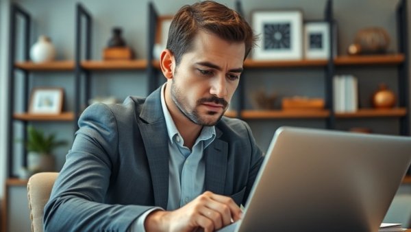 Focused adult male in office setting, USA market analysis context.