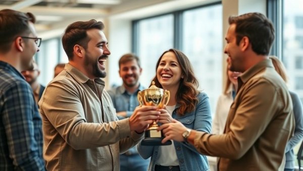 Team celebrating success, enhancing employee morale and business success.
