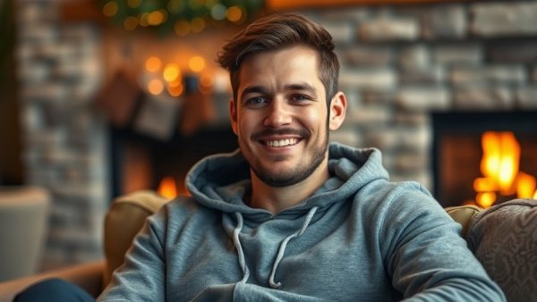 Casual man in cozy setting with a fireplace, Rocket Companies investment opportunity.