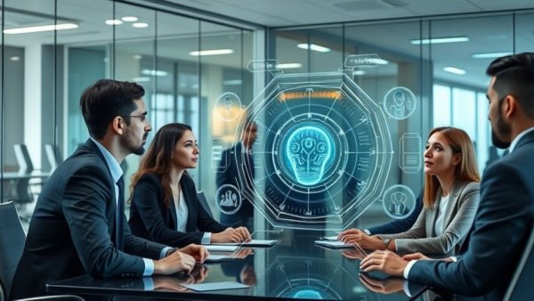Futuristic business meeting with AI tools, 2026 technology.