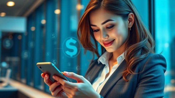 International money transfers technology visual with businesswoman.