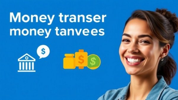 Confident woman promoting money transfer service.