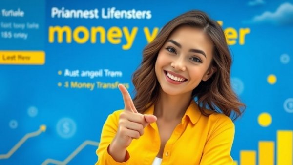 Advertisement featuring a woman promoting money transfers, vibrant colors.