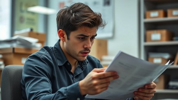 Concerned businessman examining documents, highlighting the impact of tariffs on small businesses.