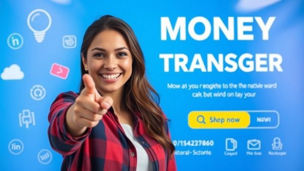 Colorful money transfer service banner with smiling woman and icons.