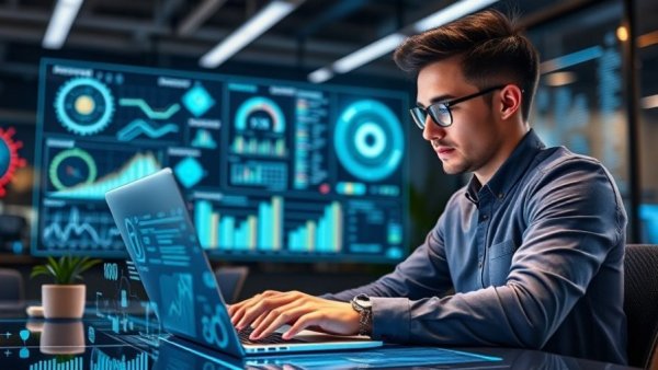 Focused businessman on entrepreneur journey analyzing data on laptop.