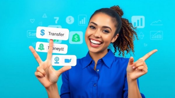 Smiling woman promoting easy money transfers with text icons on blue background.