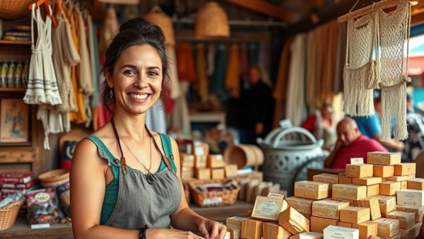 Vibrant market stall with welcoming vendor and artisan soaps.