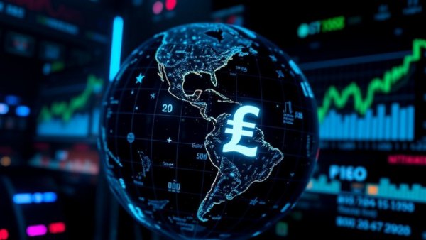 Glowing digital globe with currency symbols in a market analysis graph.
