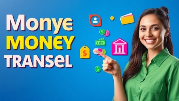 Advertisement banner for easy money transfers with smiling woman.