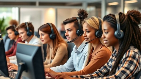 Diverse team of customer service reps working with headsets, contrasting outsourced appointment setting vs in-house.