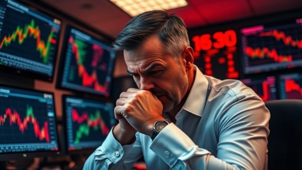 Man stressed over investing decisions with stock charts in background.