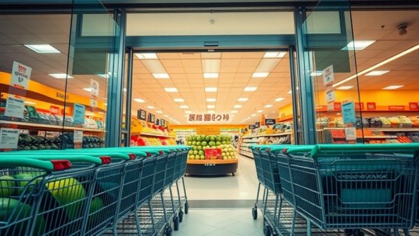 Retail store entrance with shopping carts and produce display.