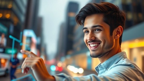 Confident young man exploring digital interface in startup success story.