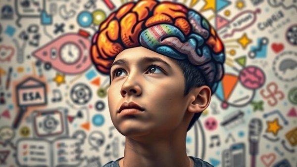 Young man pondering emotional intelligence for success in 2026, colorful brain art.