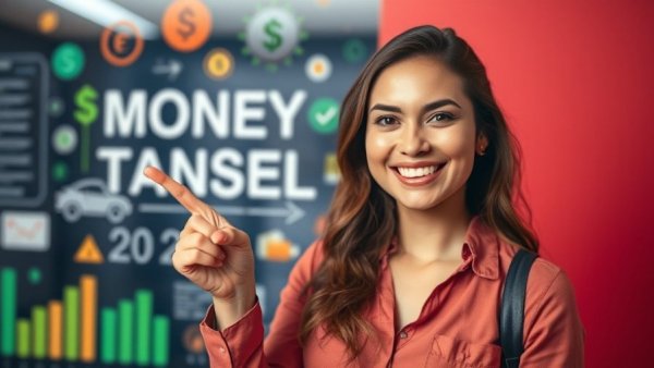 Advertisement featuring woman promoting money transfers with a smile.