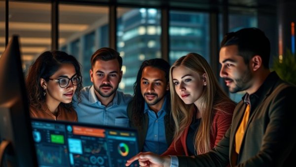 Engaged professionals analyzing performance data on screen, highlighting software benefits.