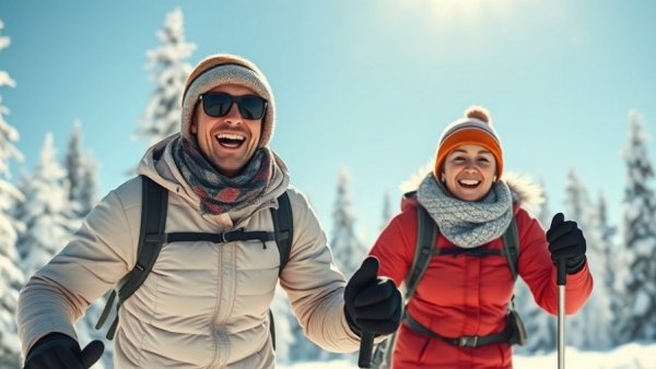 Two cross-country skiers enjoying a sunny winter day.