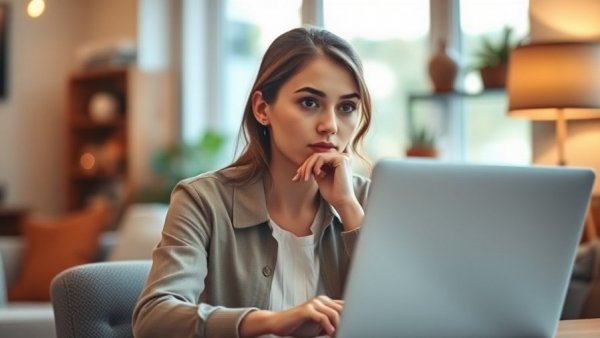 Entrepreneur motivation: thoughtful young woman at laptop in cozy setting.