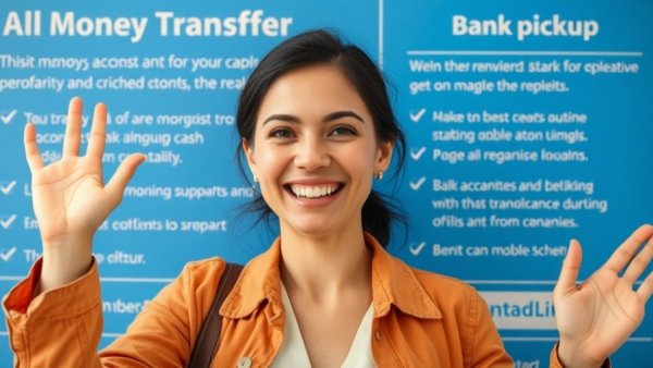 Money transfer promotion with smiling woman in green shirt.
