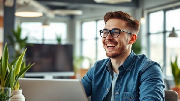 Hybrid work strategy: Man in virtual meeting in modern office.