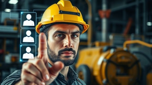 Man in helmet interacts with safety icons for workplace accidents response.