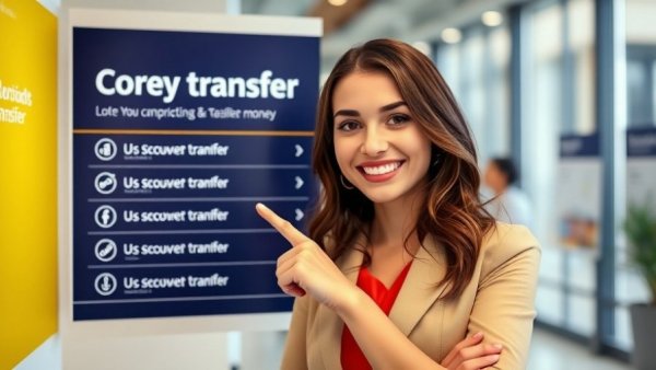 Smiling woman highlights money transfer services on a banner.