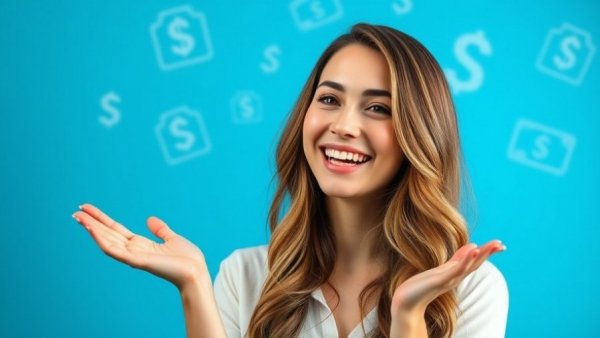 Cheerful woman presenting money transfer services on a vibrant blue background.