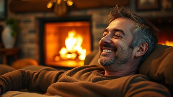Cozy scene with smiling man indoors, fireplace background.