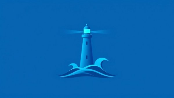 Minimalist blue lighthouse icon representing guidance.