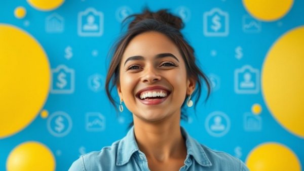 Banner of woman promoting money transfers with bright visuals.