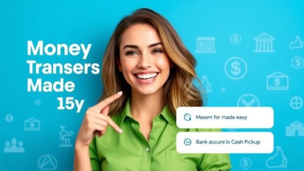 Smiling woman promoting money transfer services with a blue background.