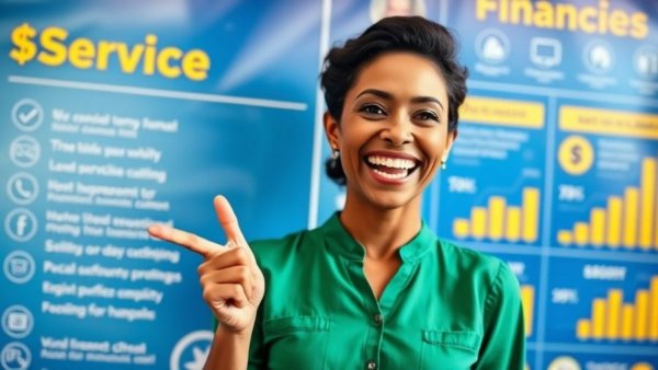 Woman promoting convenient money transfers, vibrant background.
