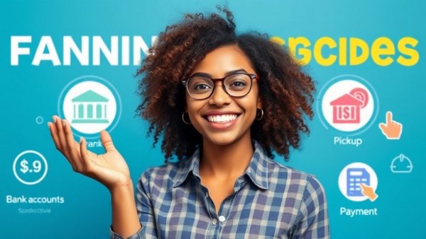 Colorful advertisement with a smiling woman promoting financial services.