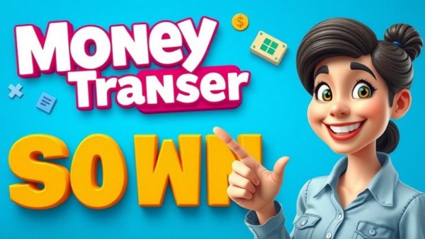Colorful ad for money transfer services with icons and smiling woman.