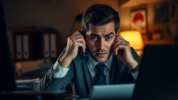 Entrepreneur journey: stressed businessman on phone amid paperwork.