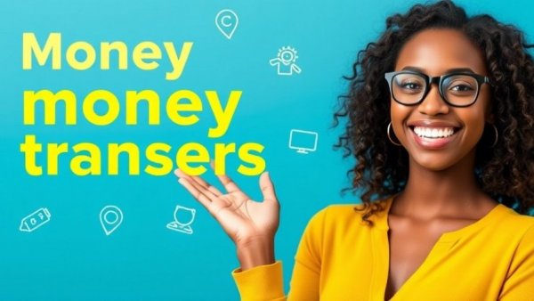 Advertisement banner for money transfers services on blue background.
