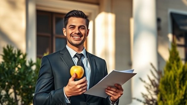 Young entrepreneur holding an apple, promoting health planning habits.