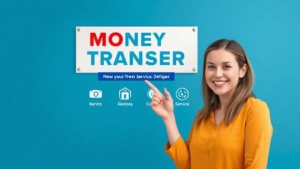 Smiling woman promoting easy money transfers on a blue banner.