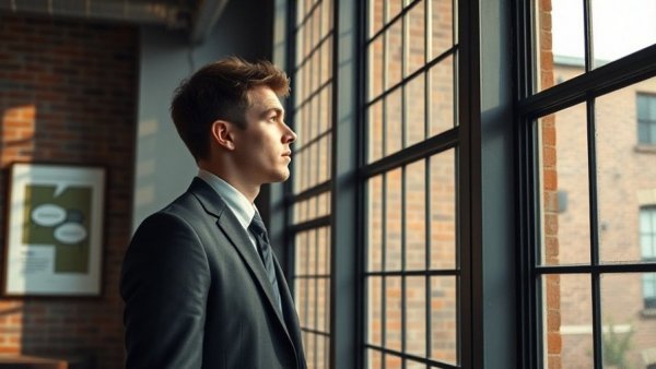 Young man in suit by window, entrepreneurship with ADHD.