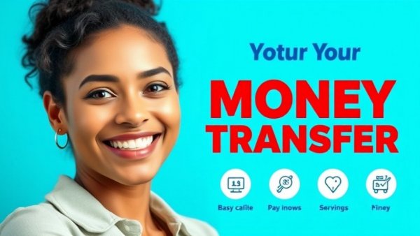 Money transfer service ad with a smiling woman on blue background.