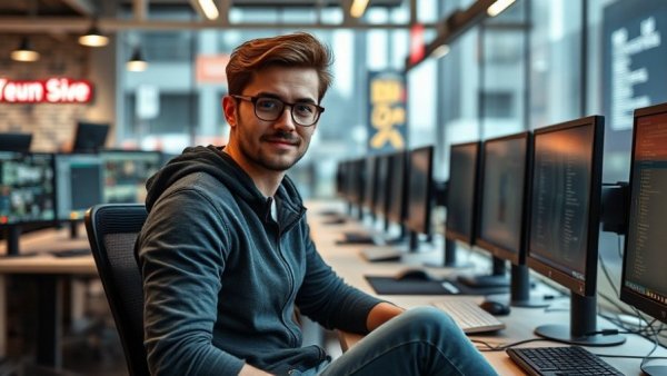 Young professional working in a futuristic tech office 2030