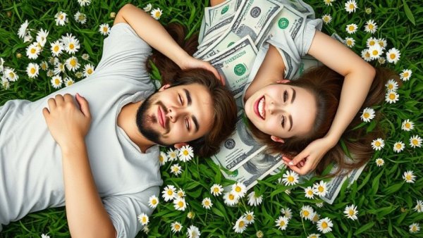 Transform your money mindset with a relaxed couple lying on money.