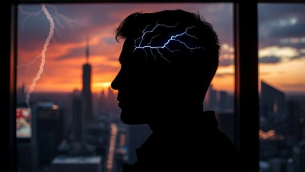 Silhouette of a man with neural pattern over cityscape, illustrating neuroscience of success.