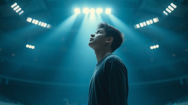 Young adult standing alone in spotlight, symbolizing toxic ambition in entrepreneurship.