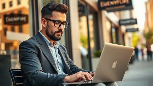 Entrepreneur using laptop outdoors showcasing AI prompting techniques.