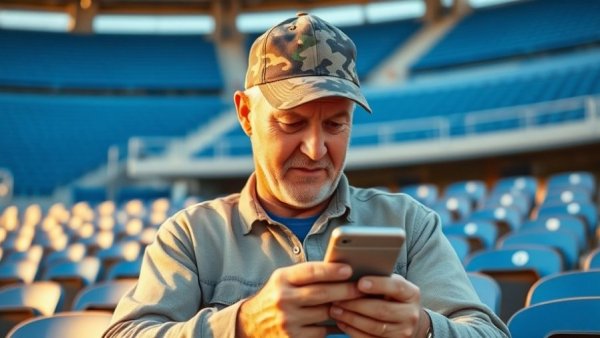 Man engaged with smartphone at stadium, interest media concept