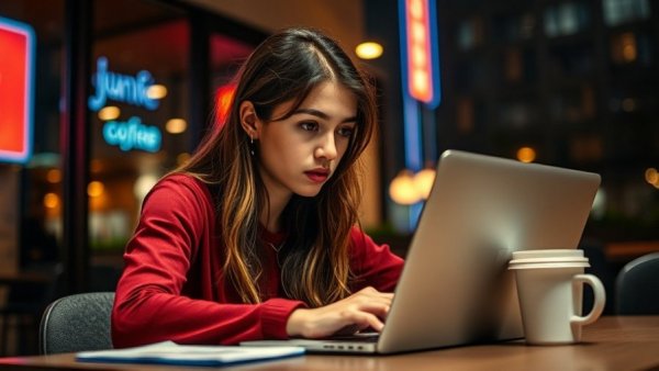 Young woman in cafe working on laptop at night, startup success stories.