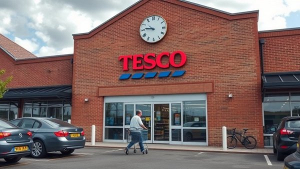Tesco Market Analysis: Customer approaches Tesco entrance on a sunny day